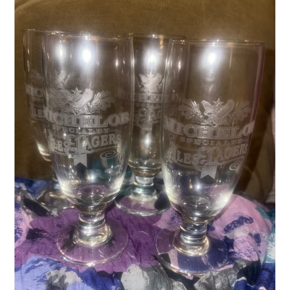 Set of 4 Michelob Specialty Ales & Lagers Etched Stemmed vintage Beer Glasses